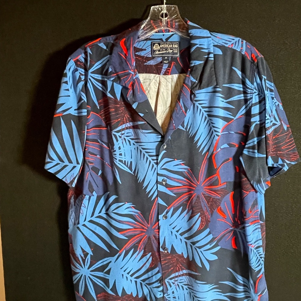 3/$10 - American Rag Blue and Red Tropical Leaf Hawaiian Shirt. Medium